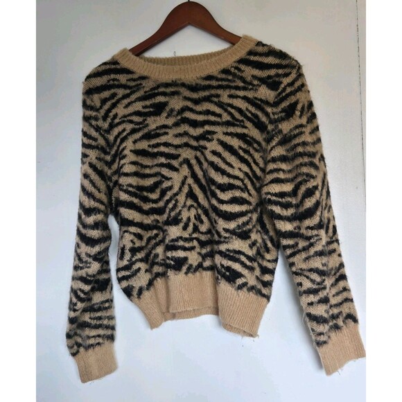 Divided Sweater Womens M Fuzzy Brown Zebra Animal Print Pullover Eclectic Warm - Picture 1 of 8